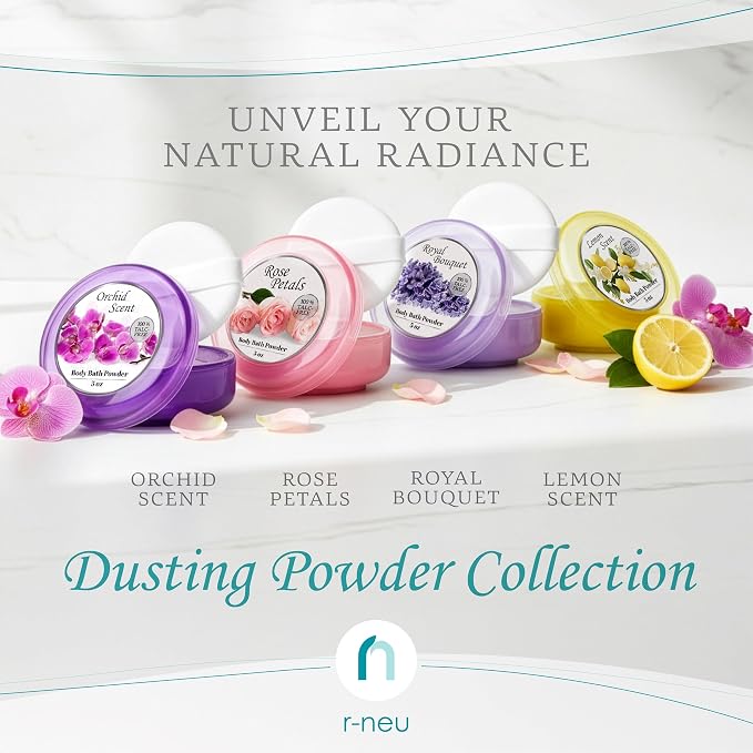 R-NEU 2 Pack Body Powder for Women with Powder Puff, 100% Talc-Free, Elegant Royal Bouquet Scented Dusting Powder, After Bath for Soft Skin, Extra Large, (10oz)