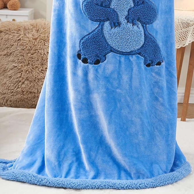 NEWCOSPLAY Kids Blanket 3D Cartoon Embroidered Sherpa Blanket Plush Warm for Boys Girls (Blue-1, (50"X60"))