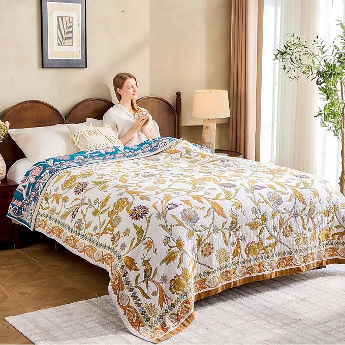 XIBLC Fall Throw Blanket for Couch, Brown Boho Decorative Throw Blanket, 100% Cotton Muslin Breathable Woven Farmhouse Blankets Quilt, 90"x98" Reversible Lightweight Blankets Bohemian Throw Quilt