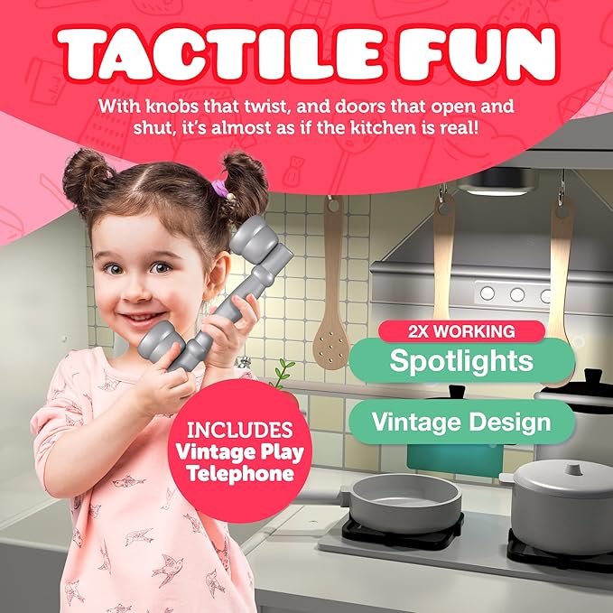 Wooden Play Kitchen for Toddlers & Kids โ Pretend Kitchen Set with Sink, Oven, Stove, Microwave, Lights & 9 Accessories โ Durable Wooden Kitchen Toy for Ages 3โ8 โ by Kiddery Toys