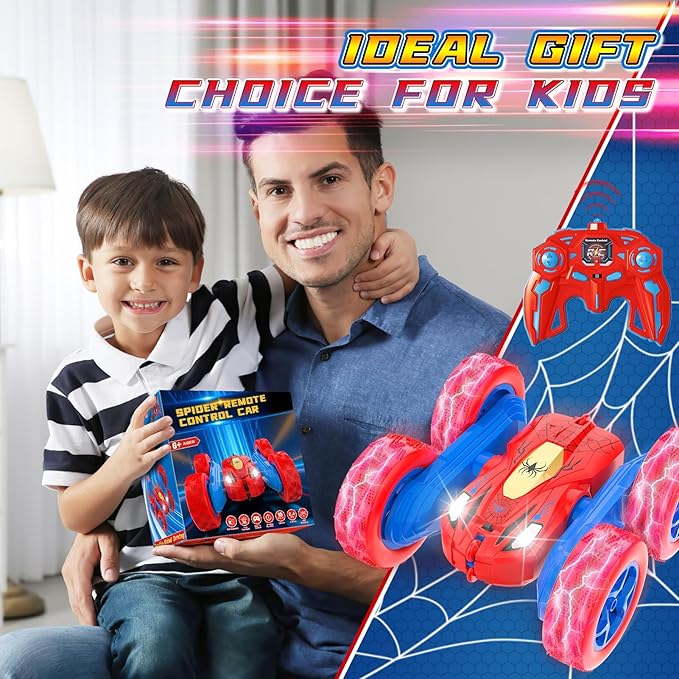 Spider Remote Control Cars for 3 4 5 6 7 Year Old Boys Double Sided 4WD Off-Road, 360° Rotating RC Stunt Car 2.4GHz Rechargeable Toys for Ages 6-12 Boys and Girls Birthday Xmas Gift