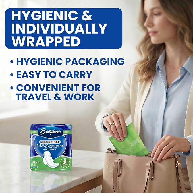 Bodyform Essentials Maxi Pads with Wings | 8 Count, Sanitary Pads for Women, Super-Soft & Leak-Proof Period Pads, Advanced Absorbent Core with Wings | Long