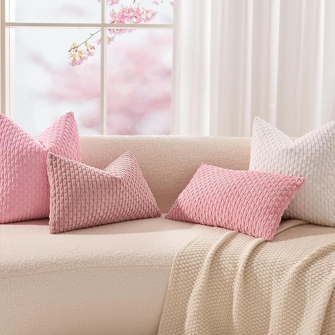 Kevin Textile Soft Corduroy 14"x24" Lumbar Pillow Cover 1 Pack, Dark Pink | Boho Stripe Plush Corduroy Decorative Oblong Cushion Cover Modern Farmhouse Home Decor for Sofa Couch Bed Chair