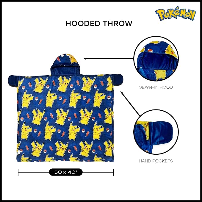 Northwest Pokemon Blanket, Cute Pikachu, Wearable Lightning League, Hooded Silk Touch Throw, 40 x 50 Inches