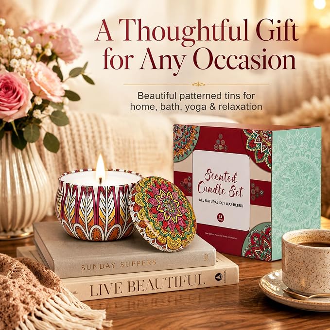 Scented Candles Gift Set, 18 Pack Soy Wax Blend Candles, 70 g Decorative Metal Candle Cans with Assorted Fragrances, Reusable Iron Candle Containers for Home, Bath, Spa, Yoga, Birthday Holiday Gifts