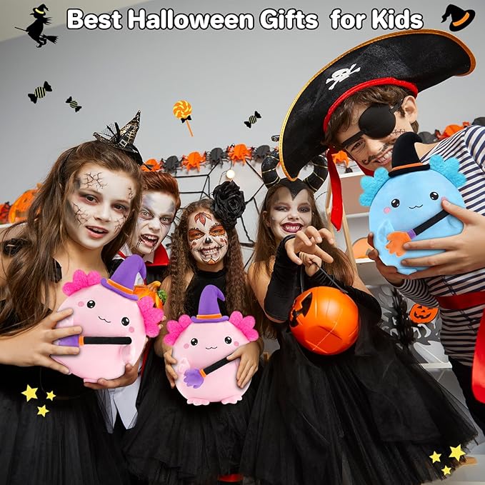 Halloween Axolotl Stuffed Animals, Axolotl Witch with Broom Stuffed Plush Halloween Party Gifts for Kids, Girls and Boys(Blue)