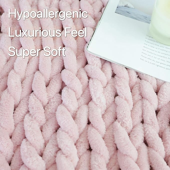 Maetoow Chenille Chunky Knit Blanket Throw (60×80 Inch), Handmade Warm & Cozy Blanket Couch, Bed, Home Decor, Soft Breathable Fleece Banket, Christmas Thick and Giant Yarn Throws, Light Pink