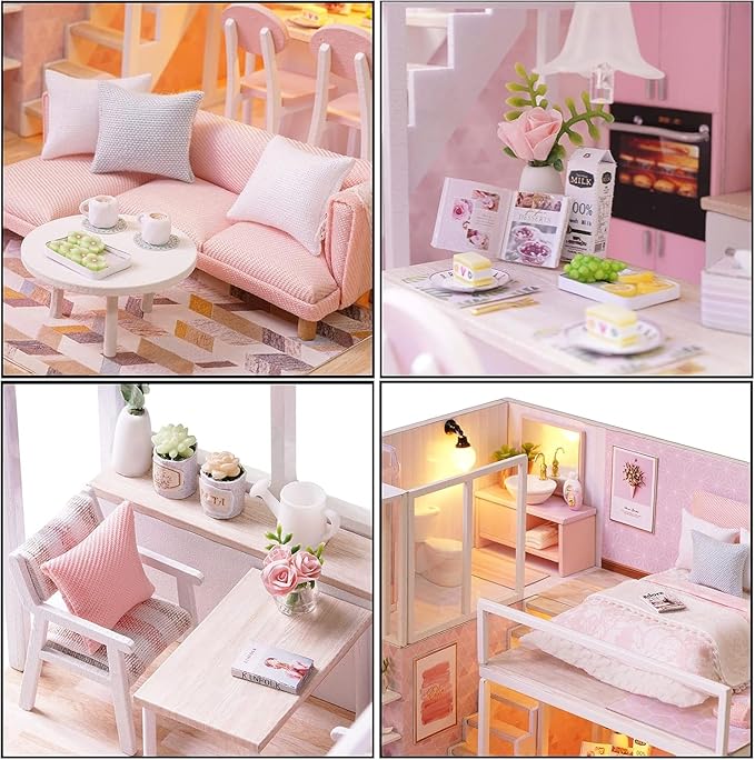 CUTEROOM DIY Miniature House Kit Handmade Wooden Dollhouse - Creative Doll House Kit for Birthday Plus Music Box & LED Light - Tranquil Time