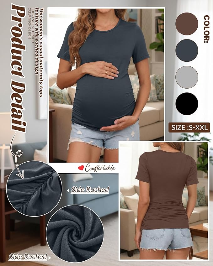 Huukeay 4 Pack Women's Maternity Shirts, Crew Neck Maternity Top Short Sleeve Casual Cotton Tee Side Ruched Pregnancy Clothes