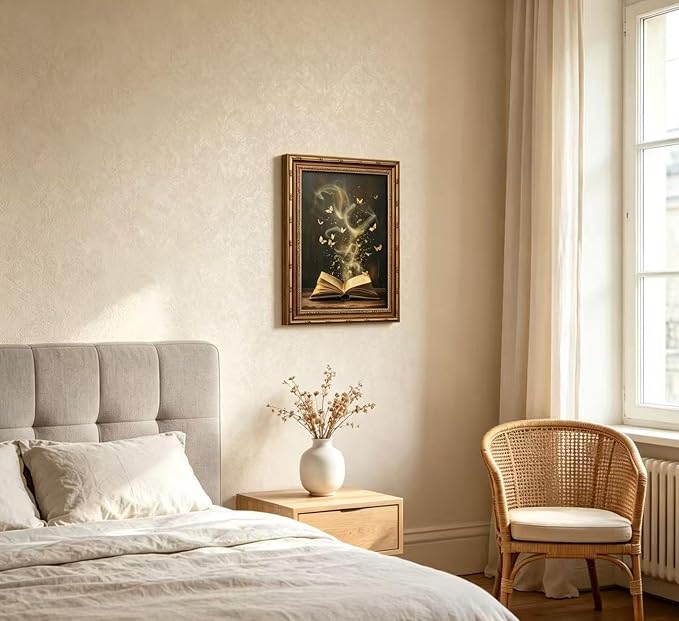 Vintage Gold Framed Victorian Bookish Wall Art Dark Academia Library Fantasy Mystical Canvas Print Reading Nook Butterfly Aesthetic Picture Wall Decor Gothic Bookclub Poster Artwork for Library