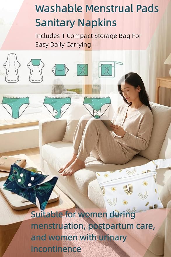 Pure Cotton Mesh Pads Sanitary Napkins,Washable Menstrual Pads,Reusable Incontinence Pads,with 1 Storage Bag,Panty Liners Pads Period for Women/Incontinence Patients.(Colored Flowers/L/5pcs)