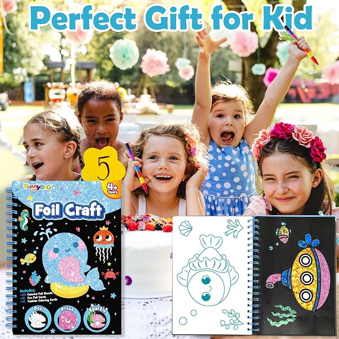 FUNNYB&G Foil Art Crafts for Kids Ages 4-8: Valentines Crafts for Kids 2026,Birthday Gift for Girls,Art and Crafts Supplies,Party Favors,Creative Toys for Girls Boys 4 5 6 7 8 9 Years Old(Ocean)