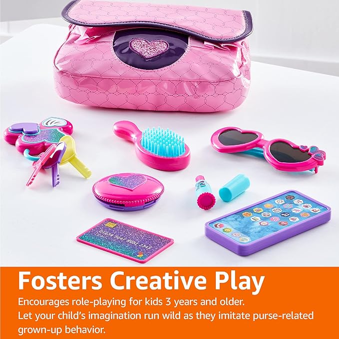 Amazon Basics 8-Piece Pretend Play Purse Toy with Accessories for Girls Ages 3 and Up, Handbag Gift Set Including Smartphone, Sunglasses, Makeup Compact, Keys and Credit Card, Pink