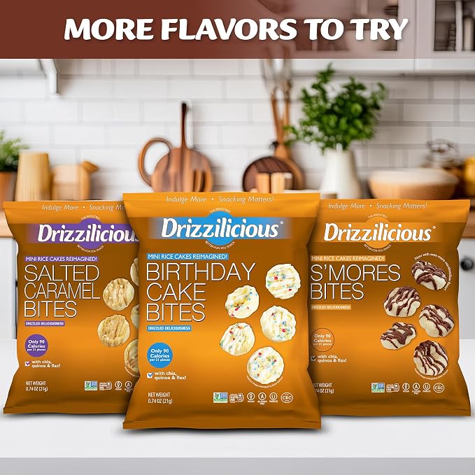 Drizzilicious Mini Flavored Rice Cakes Cookies & Cream - Rice Crisps, Healthy Snack for Adults and Kids, Vegan, Gluten Free Snack, Allergen Free, Only 90 Calories Per Bag - 0.74 oz (Pack of 10)