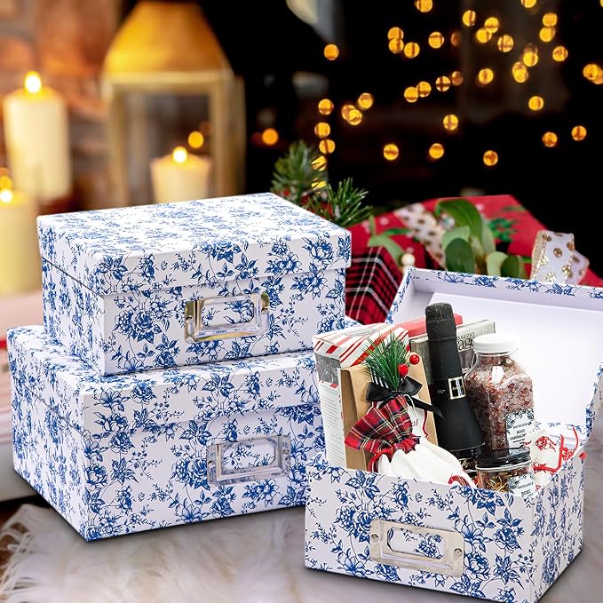 Briful Blue White Floral Nested Decorative Storage Boxes with Lids | 4Pcs Vanity Desktop Organizer Bin, Cardboard Photo Boxes Storage for Makeup, Office Supplies, Entryway Shelf Decor, Gift Box