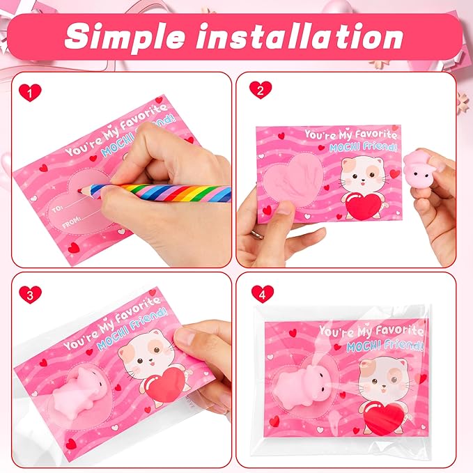 28 Pack Kids Valentines Day Cards with Cute Mochi Squishies Valentines Day Gifts for Kids Classroom, Valentines for Kids School Valentines for Class Exchange Cards Prizes Party Favors for Boys Girls