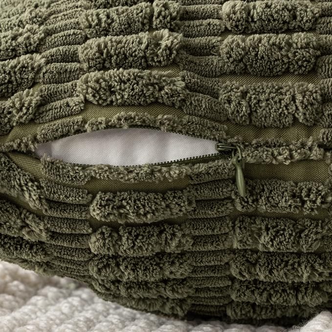 MIULEE Corduroy Decorative Throw Pillow Covers 18x18 Olive Green Pack of 2 | Soft Boho Striped Pillow Covers Modern Farmhouse Home Decor For Sofa Living Room Couch Bed