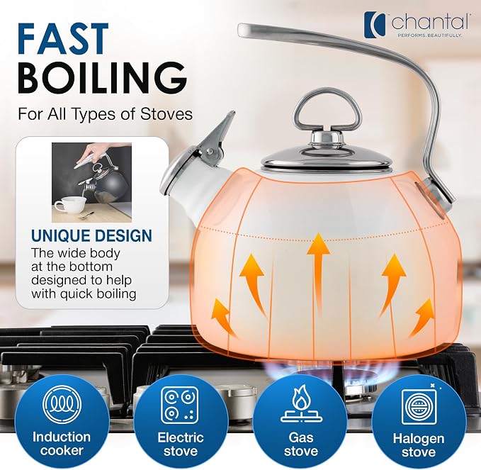 Chantal Classic Teakettle, 1.8 QT, Enamel On Steel, 2-Tone Harmonica Whistle, Rapid Boil and Even Heating (White)