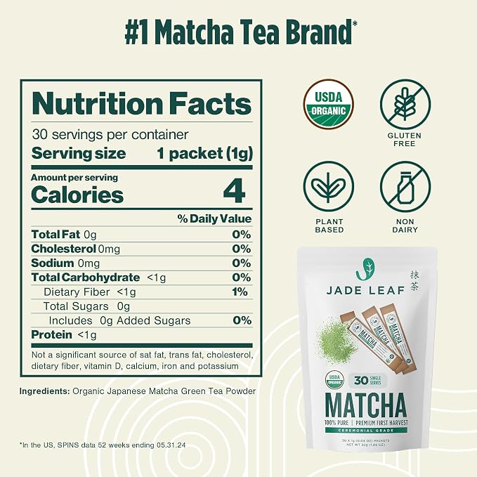 Jade Leaf Matcha Organic Ceremonial Grade Matcha Powder - On The Go Packets For Lattes, Smoothies, Usucha, 30 Count (0.04 Ounce Packets)