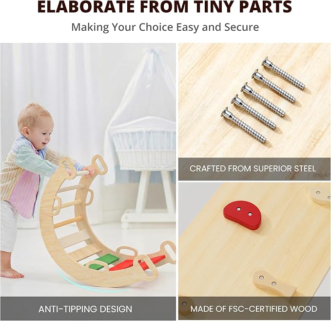 BlueWood Pikler Triangle Set, Toddler Wooden Climbing Toys Indoor 7in1 Foldable Climber for Kids, Montessori Philosophy Play Jungle Gym with Arch, Ramp, Ladder (Warm Winter Christmas)