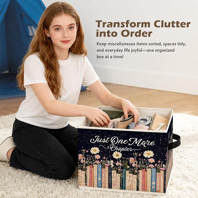 Mystical Celestial Floral Bookish Storage Box Bins, Just One More Chapter Collapsible Storage Basket Organizer for Reading Nook Corner Room Library Home Clothes Books