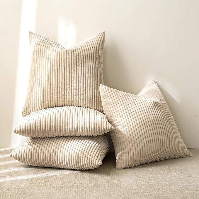 MIULEE Soft Corduroy Decorative Throw Pillow Covers Beige 18x18 | Set of 4, Mordern Nordic Home Decor, All Same Color Set, Boho Farmhouse Cushion Covers for Couch Bed Sofa Living Room