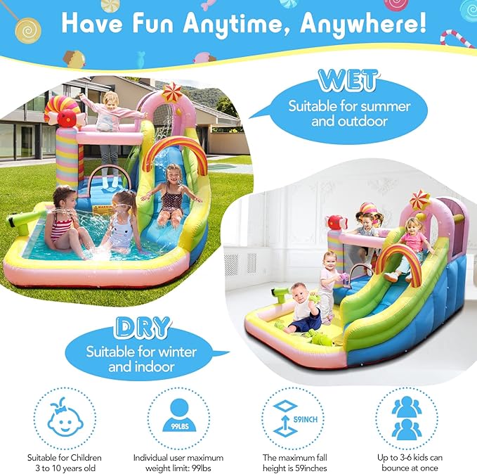 NBSPORT Inflatable Bounce House Water Slide, 6 in 1 Sweet Candy Water Park, Wet Dry Combo Bouncy Castle with 450W Blower, Splash Pool, Water Slide for Kids and Adults Backyard Party Gifts