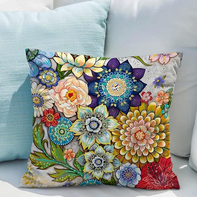 Snycler Boho Floral Throw Pillow Covers Set of 2 Colorful Boho Flower Decorative Cushions Pillowcase for Bedroom Sofa Home Decor, 18x18 Inch, Velvet, Short Plush