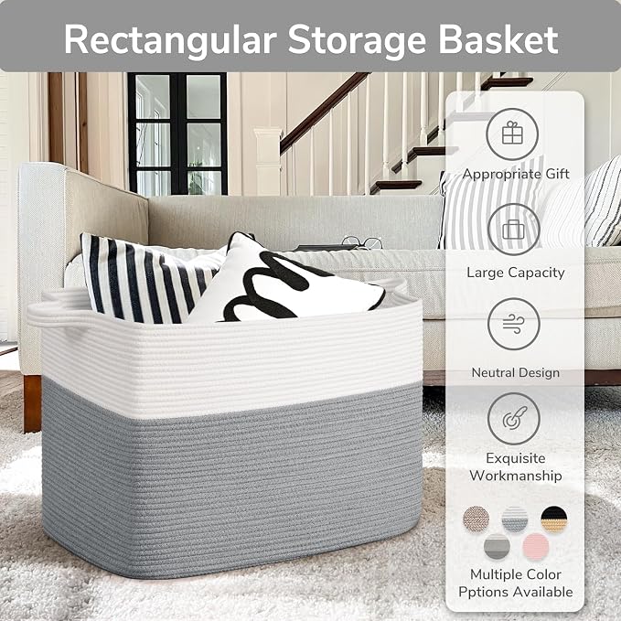 Goodpick 105L Extra Large Woven Rope Blanket Basket, Rectangle, Gray | 25'' x 16'' x 16'' Storage Basket for Blankets, Pillows & Clothes, Living Room & Bedroom Organization, Reinforced Handles