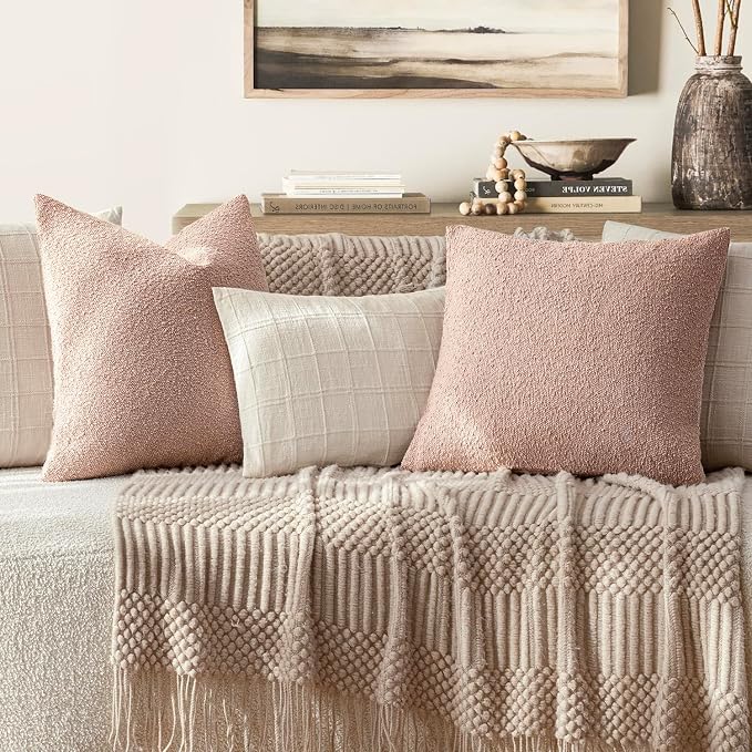 Foindtower Set of 2, Decorative Textured Boucle Throw Pillow Covers Accent Solid Pillow Cases Neutral Soft Cozy Couch Cushion Case for Chair Sofa Bedroom Living Room Home Decor 18 x 18 Inch Light Pink