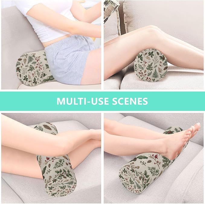 Beige Winter Holly Leaves Pine Needles Pinecones Neck Roll Pillow Bolster Round Health Memory Foam Long Cervical Cylinder Pillows with Removable Washable Cover for Body Bed Legs Back Yoga