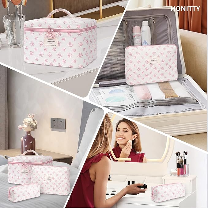 honitty Makeup Bag,Quilted Cosmetic Bags,Large Floral Make Up Organize bag,Makeup Bag Set for Women,Flower Travel Toiletry Bag