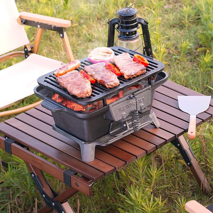 IronMaster Hibachi Grill Outdoor, Small Portable Charcoal Grill, Pre-Seasoned Cast Iron, Japanese Yakitori Camping Grill - 2 Heights, Air Control, Coal Door, Ideal for 2 People