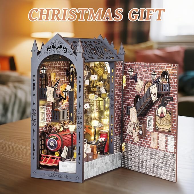 Foyucool Book Nook Kit, DIY Miniature House Kit for Adults, Dollhouse Booknook with LED Light Gifts for Family, Friends, Magic Train