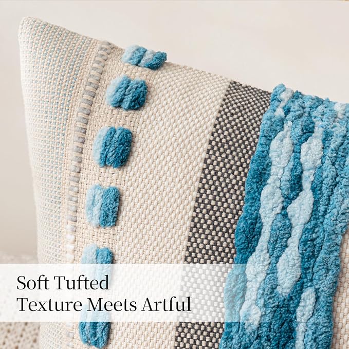 ANRODUO Boho Decorative Pillow Covers 18x18 Sky Blue Stripe 3 Pack of 2 | Throw Pillow Covers, Farmhouse Cushion Case, Chenille Pillow Cases, Pillow Covers, Accent Neutral Pillowcase for Sofa Couch