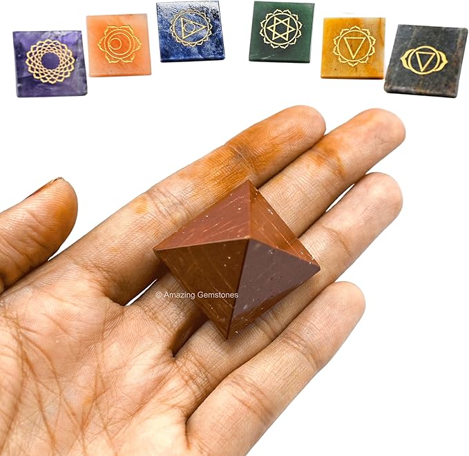 Amazing Gemstone 7 Chakra Pyramid Set for Reiki Healing Crystal with Engraved Reiki Symbols - Energy Balancing Polished Chakra Set with Velvet Pouch