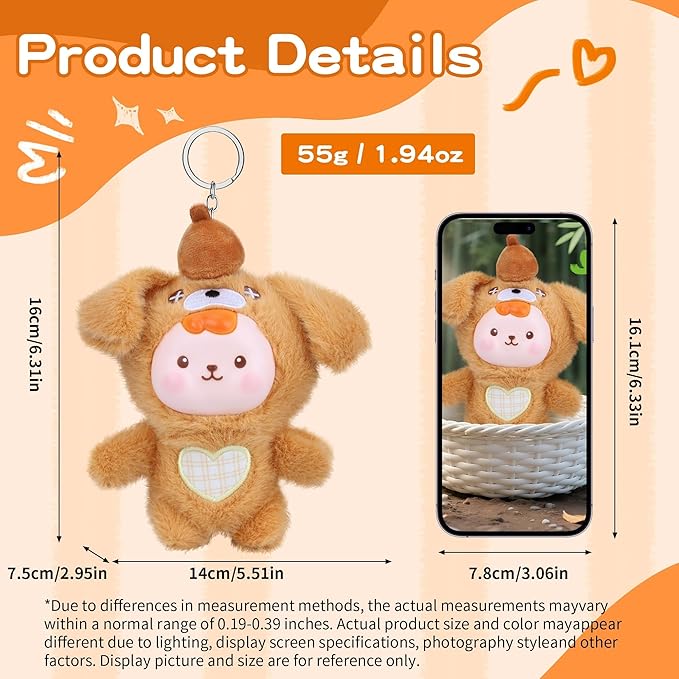 Plush Doll, Plush Figure Toys with Vinyl Face Mentl Keyring Heart Embroidery for Girls Boys Kid, Cute Brown Puppy Vinyl Plushies Gifts for Collectibles Keychain Bag Charm Home Decor Birthday Christmas