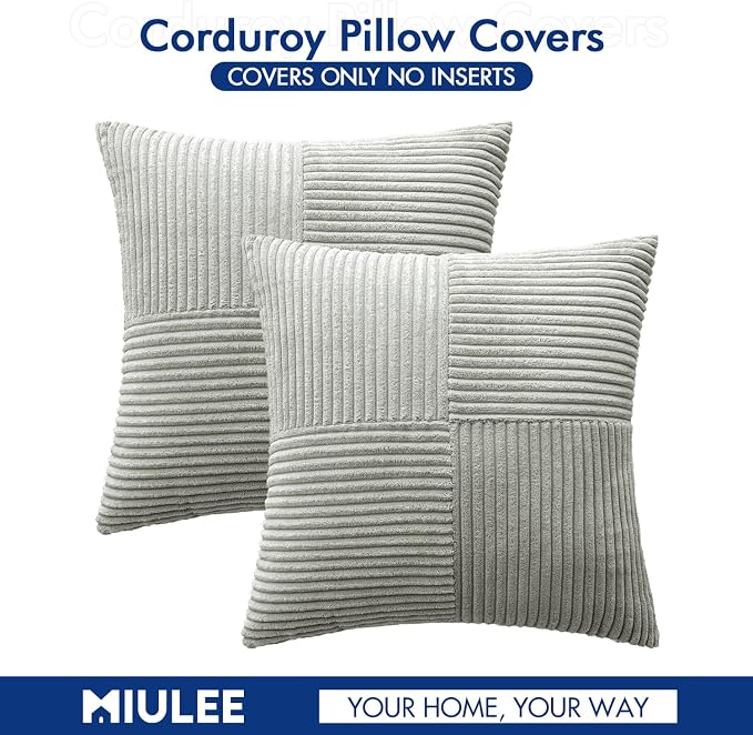 MIULEE Silver Grey Decorative Euro Sham Pillow Covers 24x24 Inch for Bed Couch Sofa Pack of 2 Boho Farmhouse Throw Pillows Soft Cross Corduroy Patchwork Textured Cushion Cases