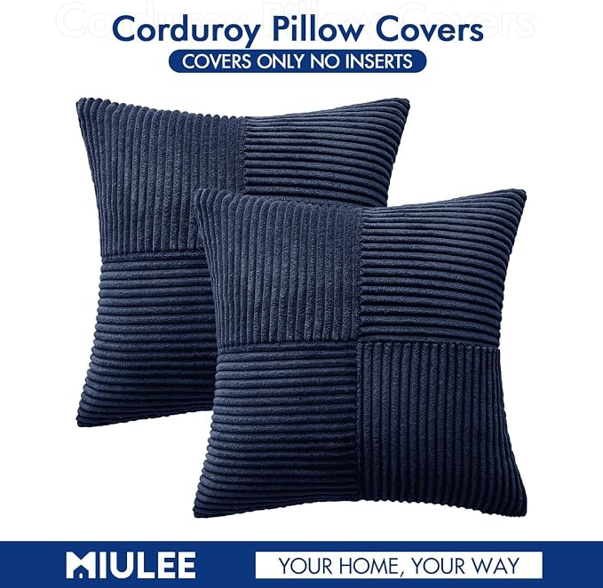 MIULEE Navy Blue Decorative Throw Pillow Covers for Couch 18x18 Inch | 2 Pack, Boho Farmhouse Pillow Covers, Soft Cross Corduroy Patchwork Textured Cushion Cases For Bed Sofa
