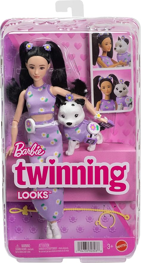 Barbie Twinning Looks Doll with Pet Dog in Matching Purple Daisy Clothes and Accessories for Both Like Flowers and Belt Bags, Black Hair