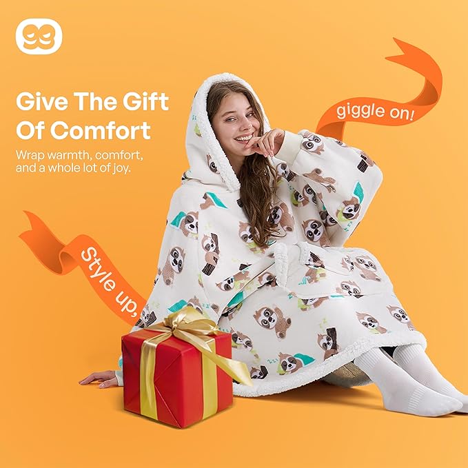 Giggling Getup Wearable Blanket Hoodie for Adults Gifts for Teen Girls Sister Women Sherpa Fleece Printed Hooded Blanket Sweatshirt Warm Cozy with Pocket & Sleeves Cream Sloth