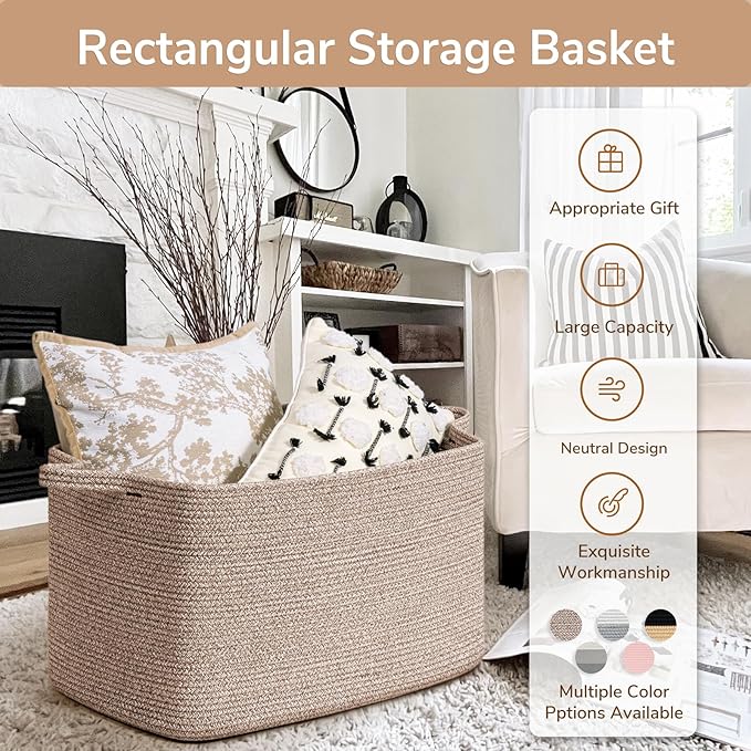 Goodpick 85L Large Woven Rope Blanket Basket, Rectangle, Brown | 23.6'' x 15.7'' x 13.8'' Storage Basket for Blankets, Toys & Clothes, Living Room & Bedroom Organization, Reinforced Handles
