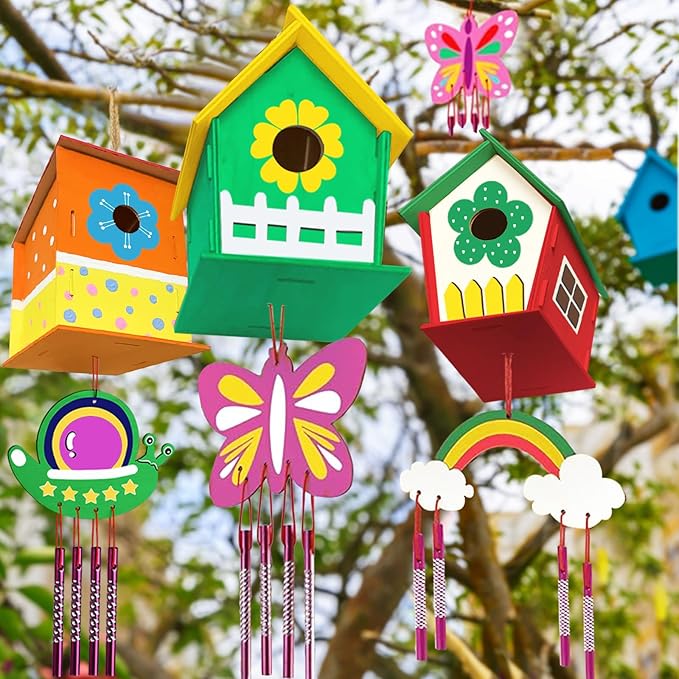 Crafts for Kids Ages 4-8 - 12 Pack DIY Bird House Wind Chime Kit Party Favors - Build and Paint Birdhouses Wooden Arts Kits - Easter Basket Stuffers Gifts for Girls Boys Toddlers Ages 3-5 4-6 6-8 8-12