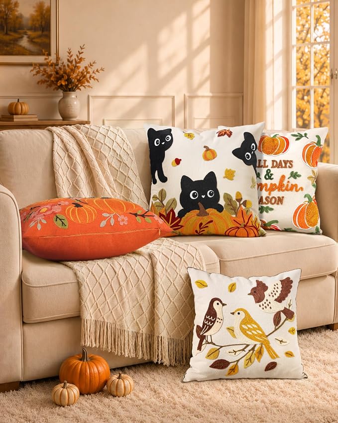 Fall Embroidered Throw Pillow Cover 18x18 Inch, Cat Pumpkin | Decorative Pillow Cover, Fall Cushion Cases with Hidden Zipper, Autumn Halloween Decor for Couch, Sofa, Living Room