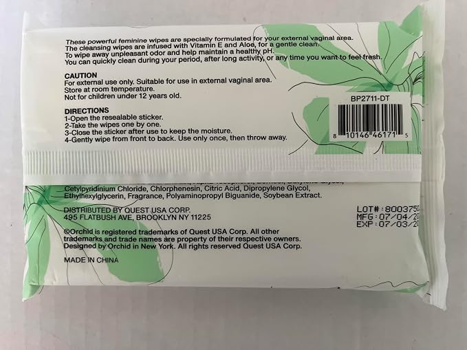 Orchid Feminine Wipes, pH Balanced, Fresh Scent, 40 Count, 5x7 Inch