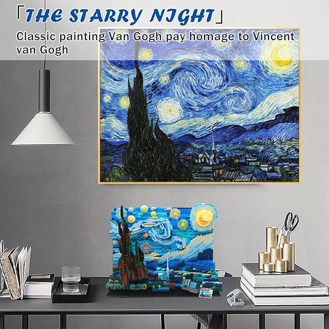 DIY Building Block Set(1830 PCS),The Starry Night Building Set for Children and Adults,Vincent Van Gogh Idea Building Kit,Educational Assemble 3D Scenario MOC Stacking Blocks