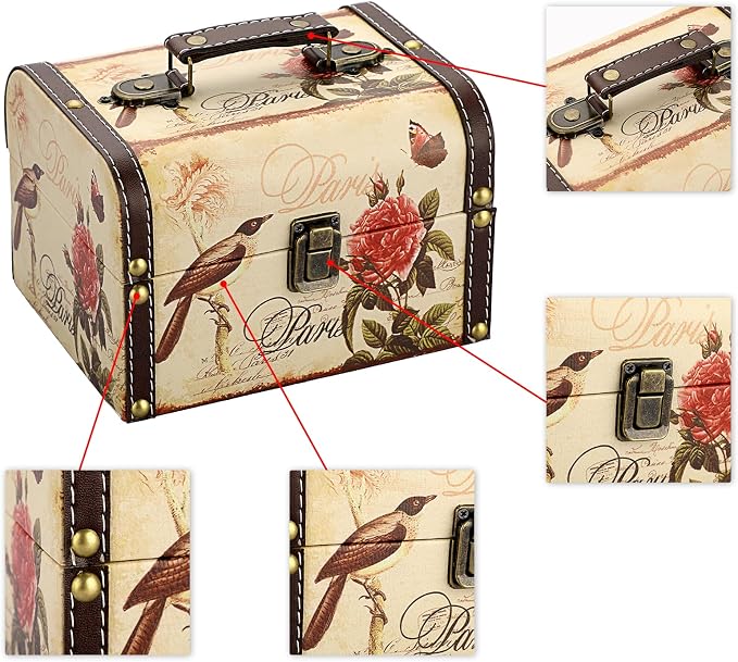 ELLDOO Decorative Treasure Chest Box, Wooden + PU Leather Storage Box for Jewelry Trinkets, Keepsakes box for Girls Women Gifts (Bird + Flower Pattern)