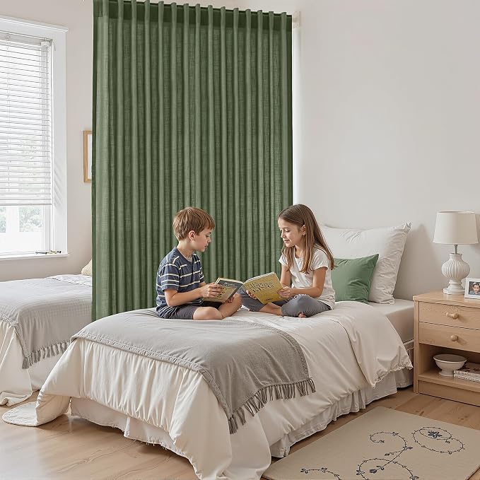 Extra Wide 100 Inch Linen Curtains for Living Room Divider Light Filtering Semi Sheer Back Tab Patio Curtains for Sliding Door Olive Green Coastal Decor Sunroom Floor to Ceiling Window Curtain 100x84