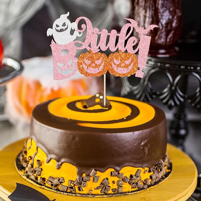 Gyufise 1Pc Little Boo Halloween Cake Topper Pink Glitter Pumpkin Ghost Halloween Baby Shower Cake Decorations for Halloween Theme Baby Shower Kids Birthday Party Supplies