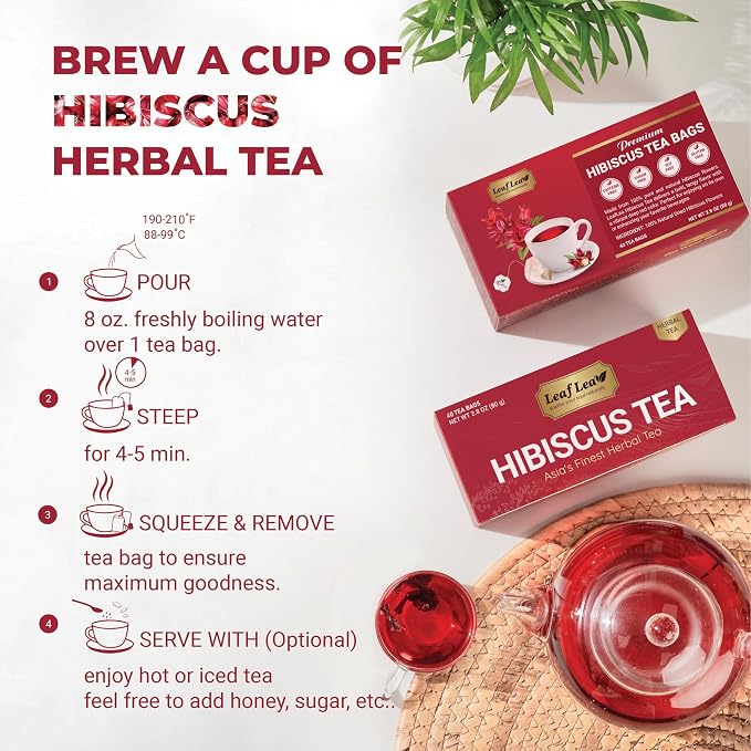 LeafLea 120 Hibiscus Tea Bags, Rich Flavor & Color, 120 Count | 100% Pure Natural Red Hibiscus Flower, Te De Hibisco, Caffeine-Free, Sugar-Free, Vegan, Non-GMO, Convenient 3 Pack